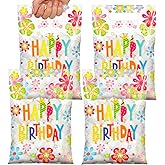 Funrous 50 Pcs Happy Birthday Favor Bags Bulk Birthday Colorful Flower Plastic Bags with Handles Clear Candy Treat Goody Gifts for Home Party Baby Shower Wrap Supplies Decoration