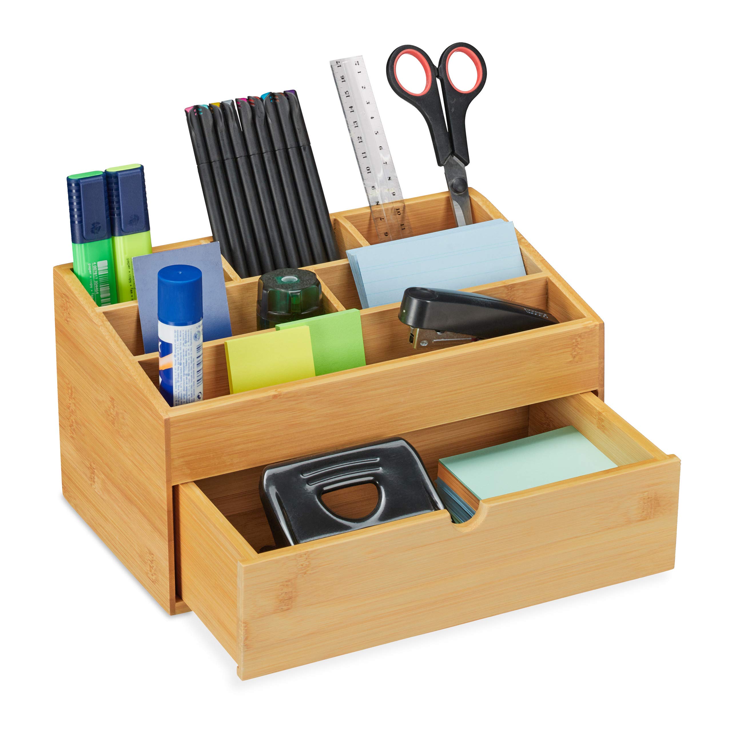 Relaxdays Desk Organiser, Drawer, 6 Compartments, Dimensions H x W x D: 15 x 28 x 16.5 cm, Bamboo, Natural