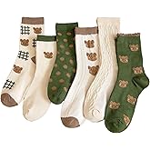 CazDopaM 6 Pairs Cute Ankle Socks for Women Bear Patterned Preppy Ruffle Vintage Comfortable Cozy Crew Socks