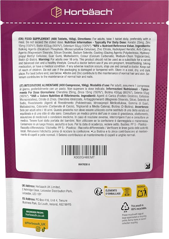 Biotin Keratin Tabletten für Haare mit Zink & Selen - +1 Jahr Vorrat