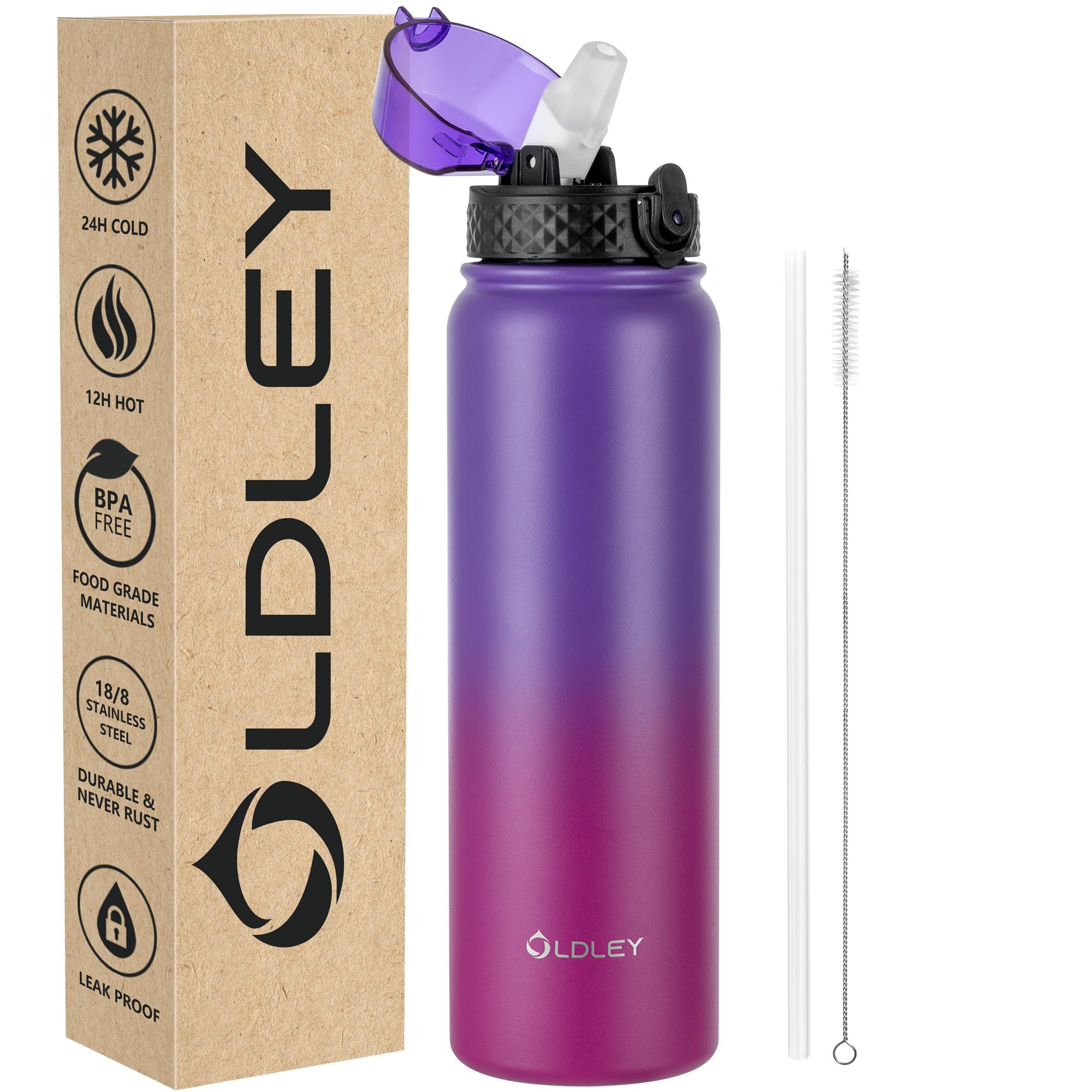 OLDLEY Stainless Steel Water Bottle with Straw 1L Vaccum Insulated Large Drink Flask Metal Water Bottles 1 Litre Leakproof Keeps Hot Cold for Sports Gym Camping Adult Women Men(Purple Rose, 1 Lid)