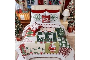 Cmfshape 5 Piece Christmas Quilt Bedspread,Queen Size Christmas Santa Tree Elk Themed Bedding,Reversible Comforter Coverlet with 2 Pillow Shams & 2 Pillowcase(Queen 92"x96")
