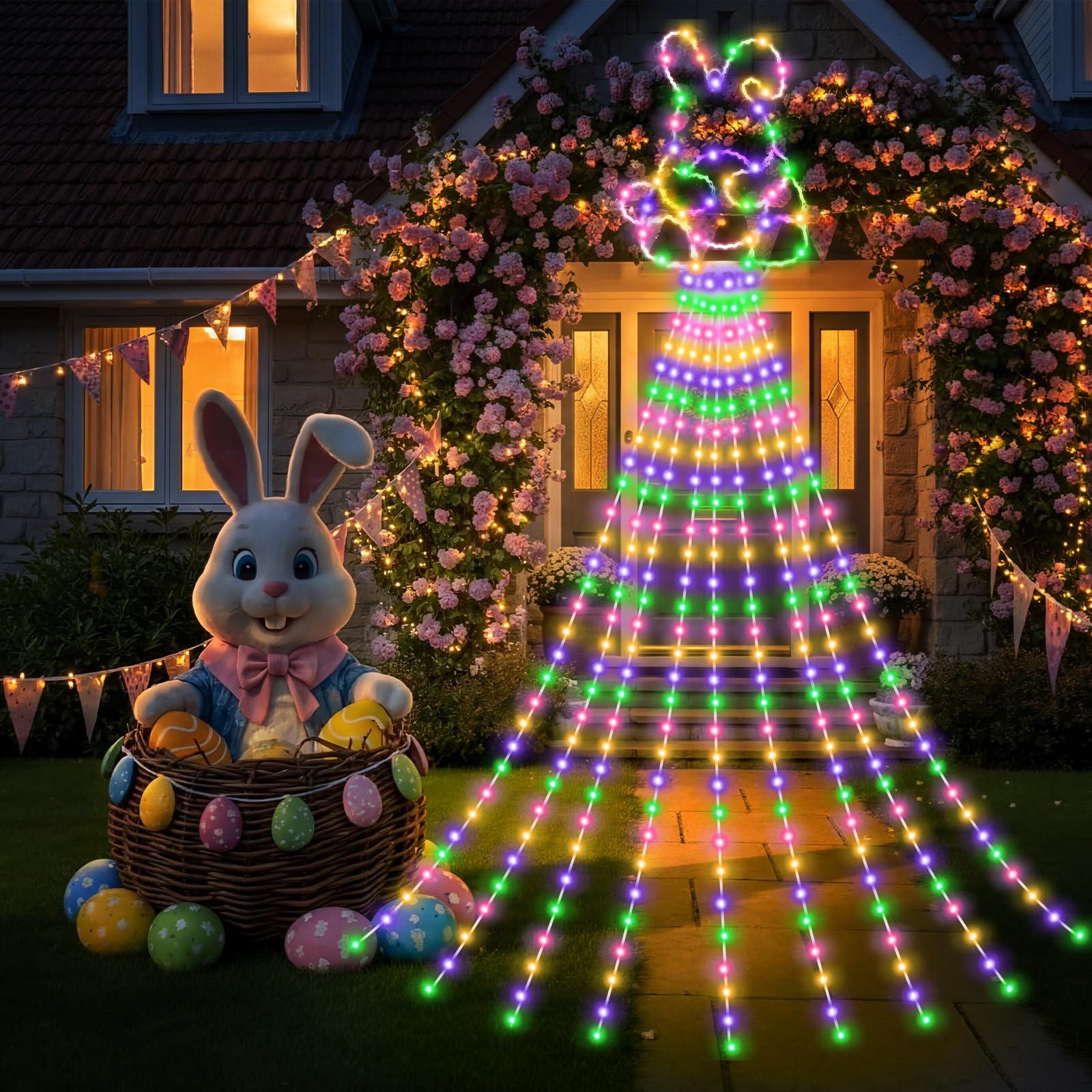 Photo 1 of Huquary 12 ft Easter Bunny Waterfall String Lights with 305 LED Colorful Bunny String Lights with 8 Modes Lighted Easter Outdoor Party Decoration for Tree Garden Yard Spring Themed Decor