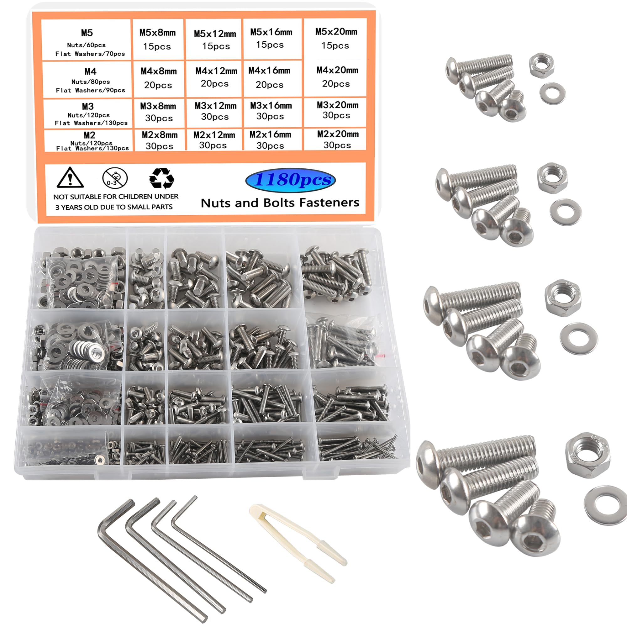 HVDHYY 1180pcs Nuts and Bolts Set M2 M3 M4 M5 Machine Screws & Nuts Assortment 304 Stainless Steel Bolt kit Hex Socket Button with a Reusable Storage Box
