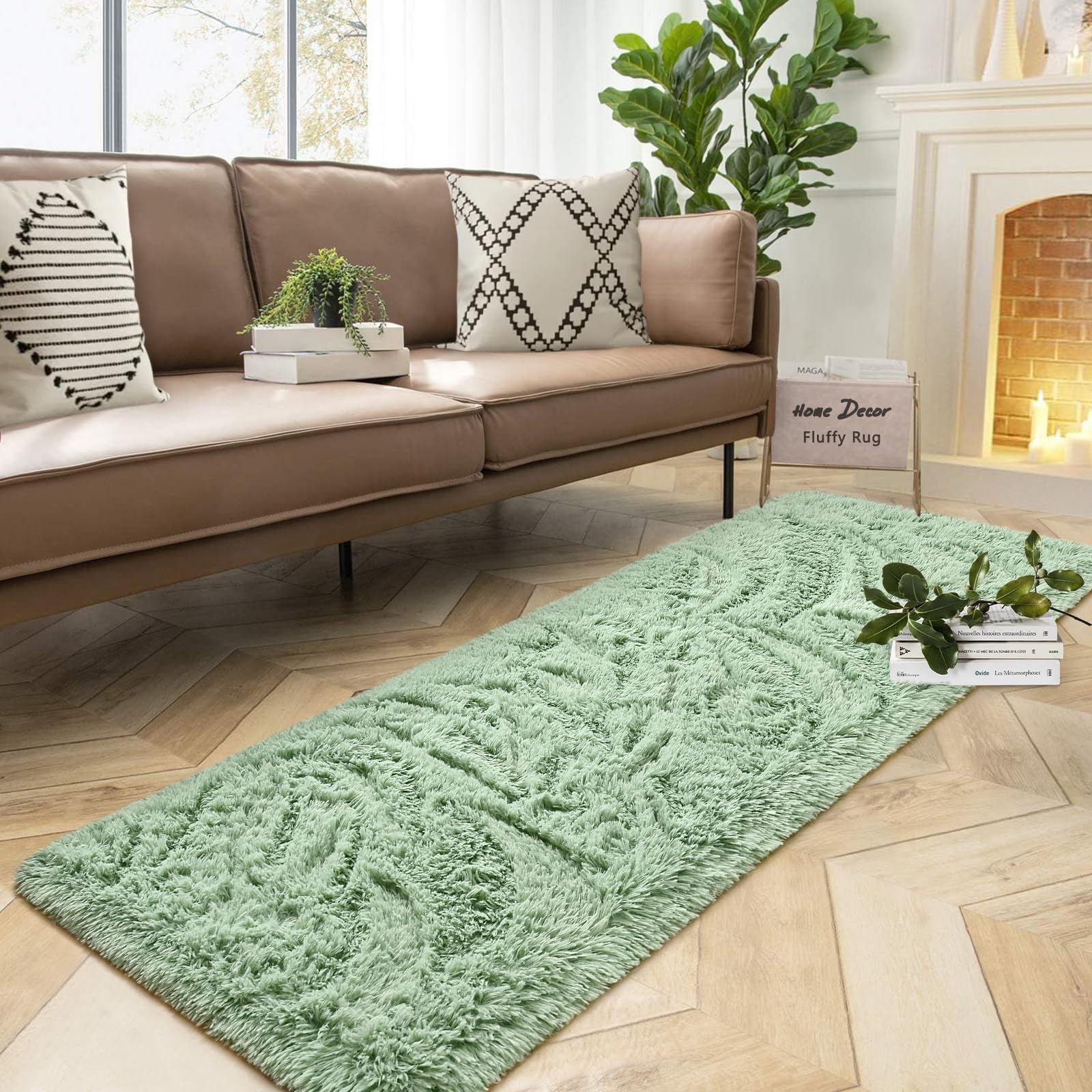 Photo 1 of DweIke Fluffy Sage Green Runner Rugs for Bedroom, 2x6 Feet Soft Plush Long Runners for Girls Boys Kids, Non-Slip and Machine Washable Bedside Rug, Small Throw Carpet for Hallway Rooms Decor