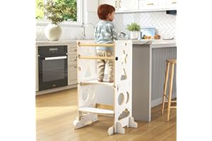 Wingyz 4-in-1 Toddler Tower,Wooden Toddler Step Stool, Foldable Learning Standing Tower with Chalkboard (White)