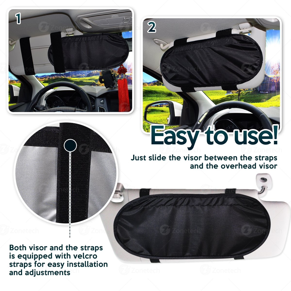 Zone Tech Black Anti Glare Windshield Car Visor Extender Strap SunShade