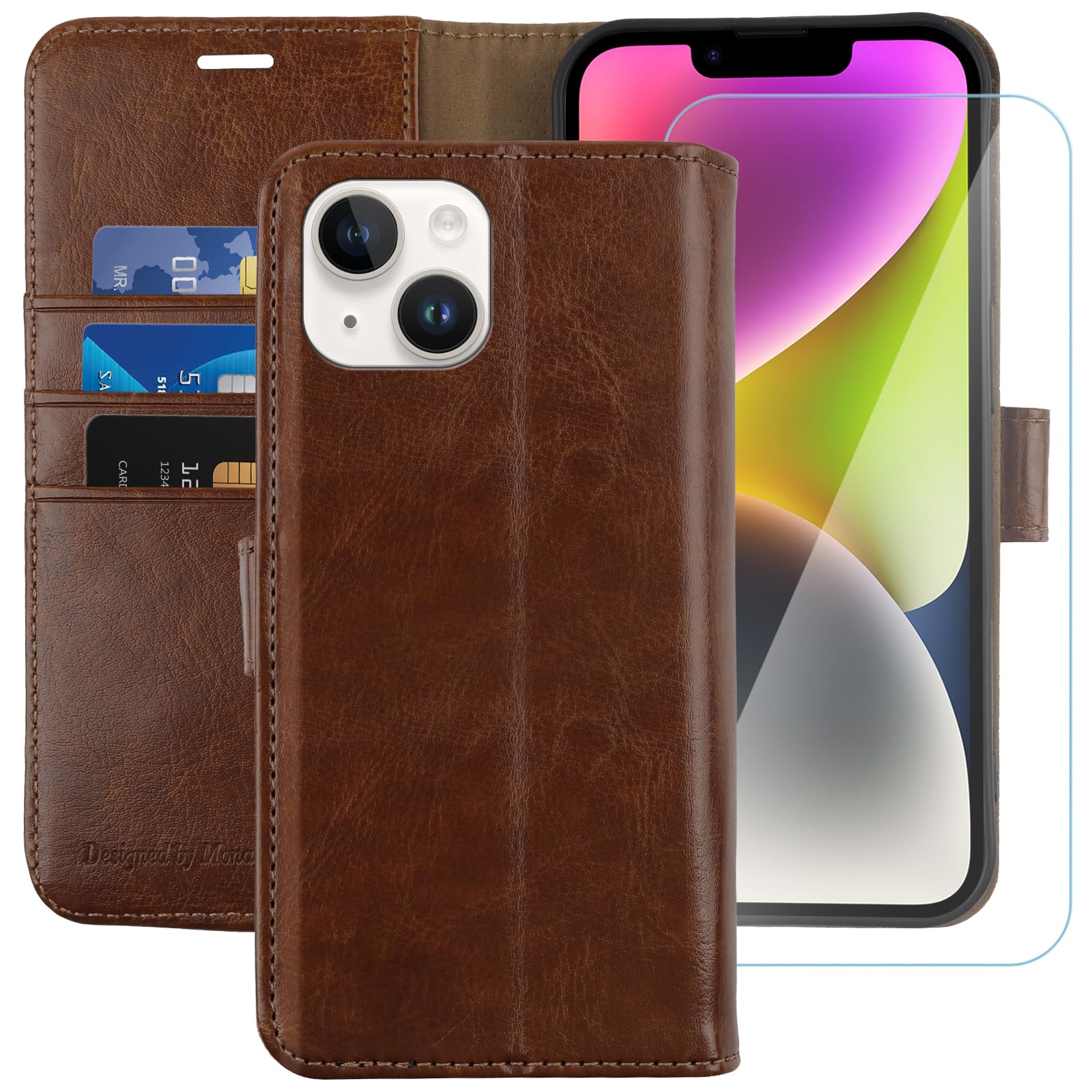 MONASAY Wallet Case for iPhone 14 5G,[Glass Screen Protector Included] [RFID Blocking] Flip Folio Leather Cell Phone Cover with Credit Card Holder，6.1-inch,Brown