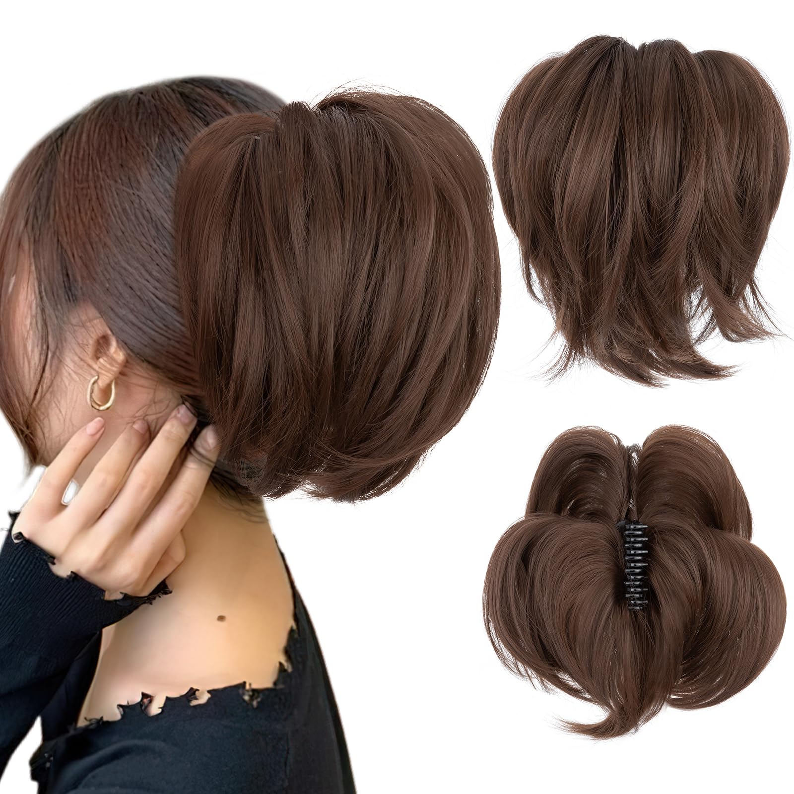 SEGOHAIR Claw Clip Short Ponytail Extension Messy Bun Hair Piece, Bendable Metal Wire Fake Bun Hair Pieces for Women-Fake Ponytail DIY Styles Hair Buns Hair Piece-Copper Brown