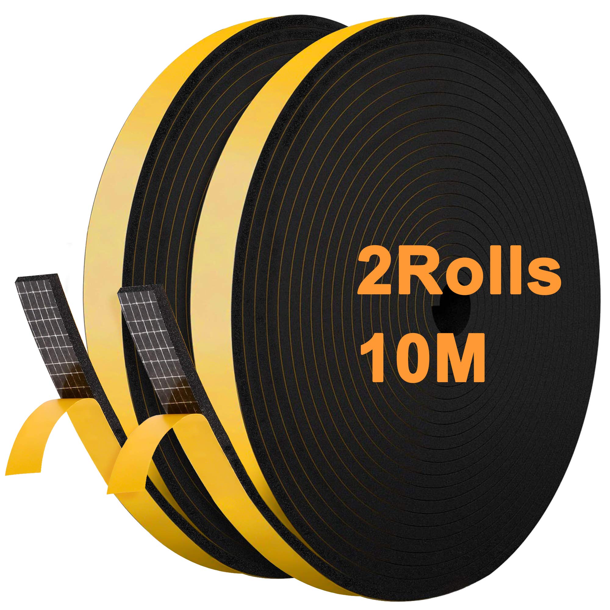 JEMESI Window Draught Excluder Tape Self-Adhesive Waterproof Excluder Strip Foam Seal Soundproofing Avoidance Rubber Weatherstrip 12mm(W) x 6mm(T) x 5M, 2Pcs,Total 10M Long