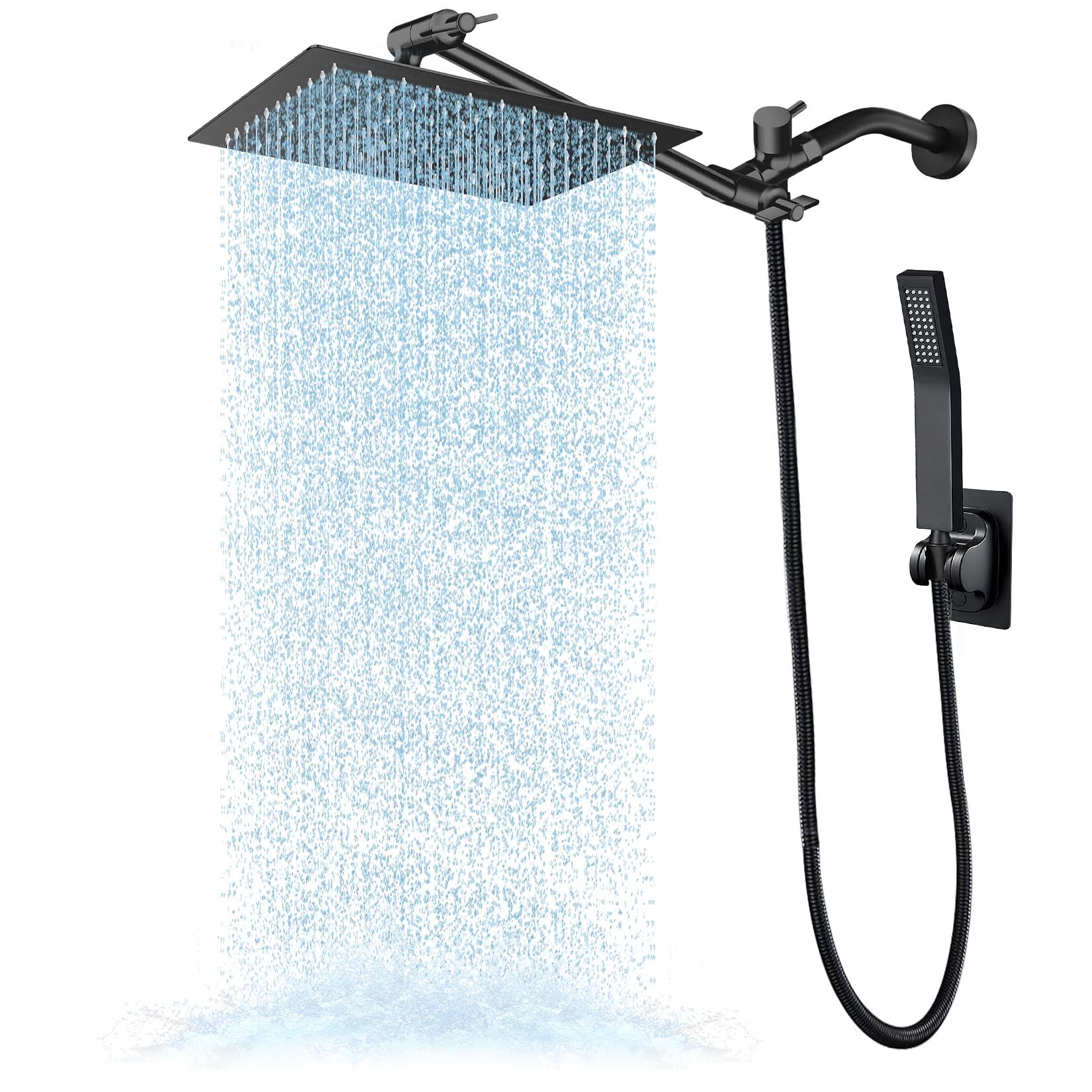 Photo 1 of All Metal Rain Shower Heads with Handheld Spray Combo, High Pressure Square 10'' Shower Head with 11'' Extension Arm, Black Shower Head with 78'' Anti-leak Hose, Dual 2 in 1 Waterfall Showerhead