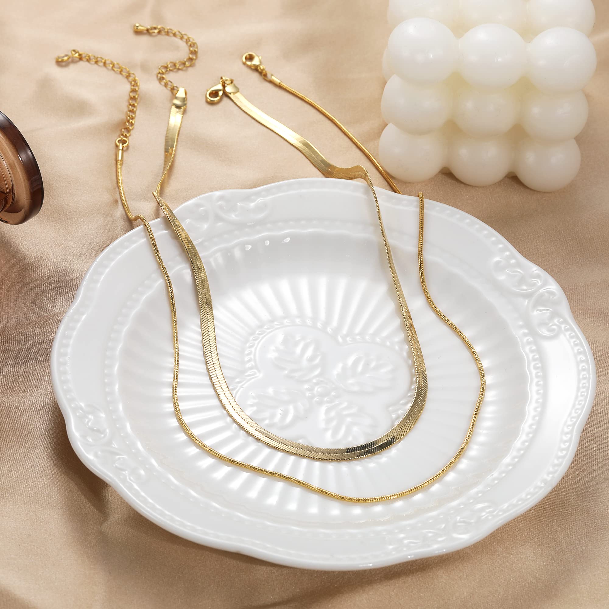 CHESKY 14K Gold/Silver Plated Snake Chain Necklace Herringbone Necklace Gold Choker Necklaces for Women Gifts Jewelry 1.5/3/5MM(W) 14