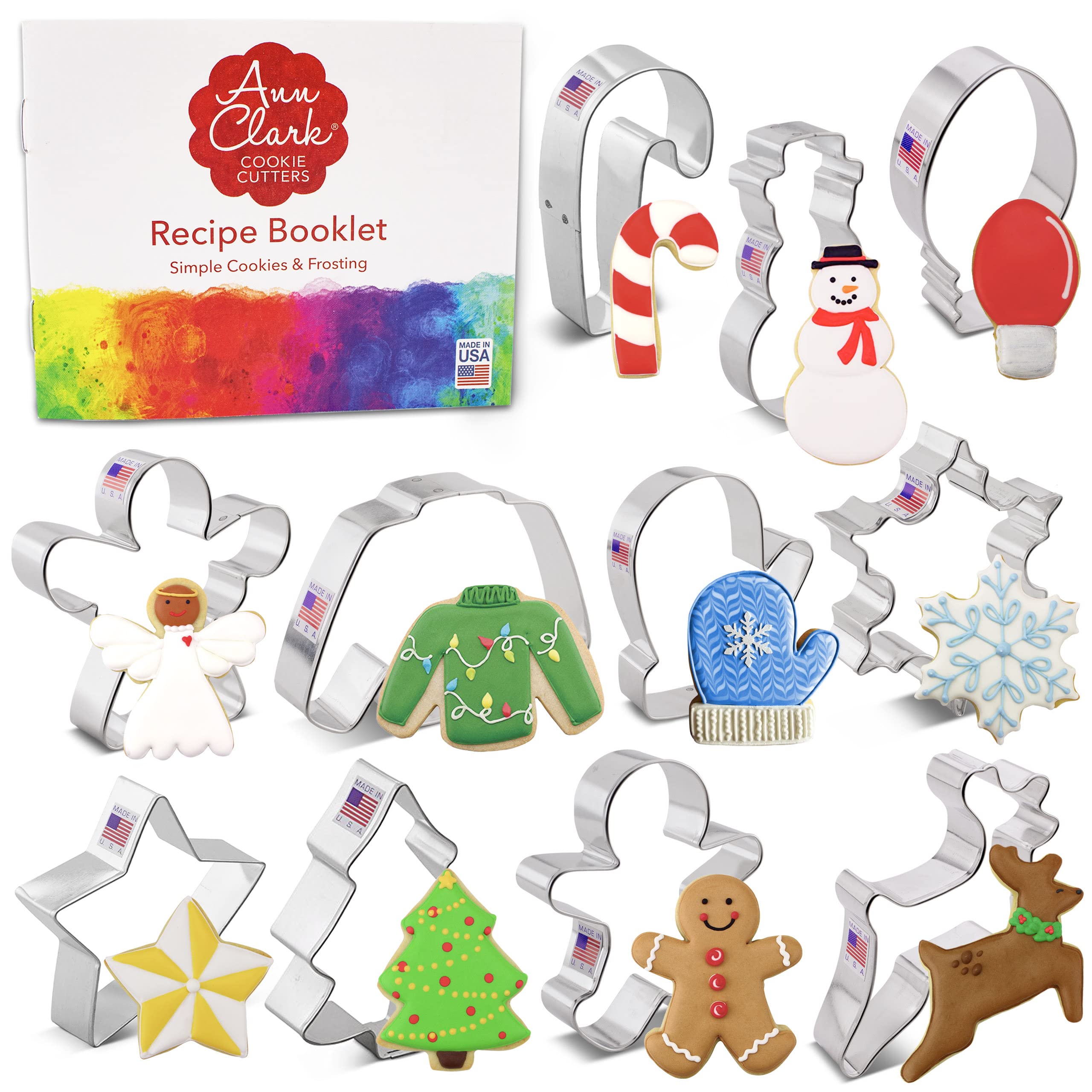 Christmas Cookie Cutters 11-Pc Set Made in USA by Ann Clark, Gingerbread Man, Christmas Tree, Candy Cane, Reindeer and More
