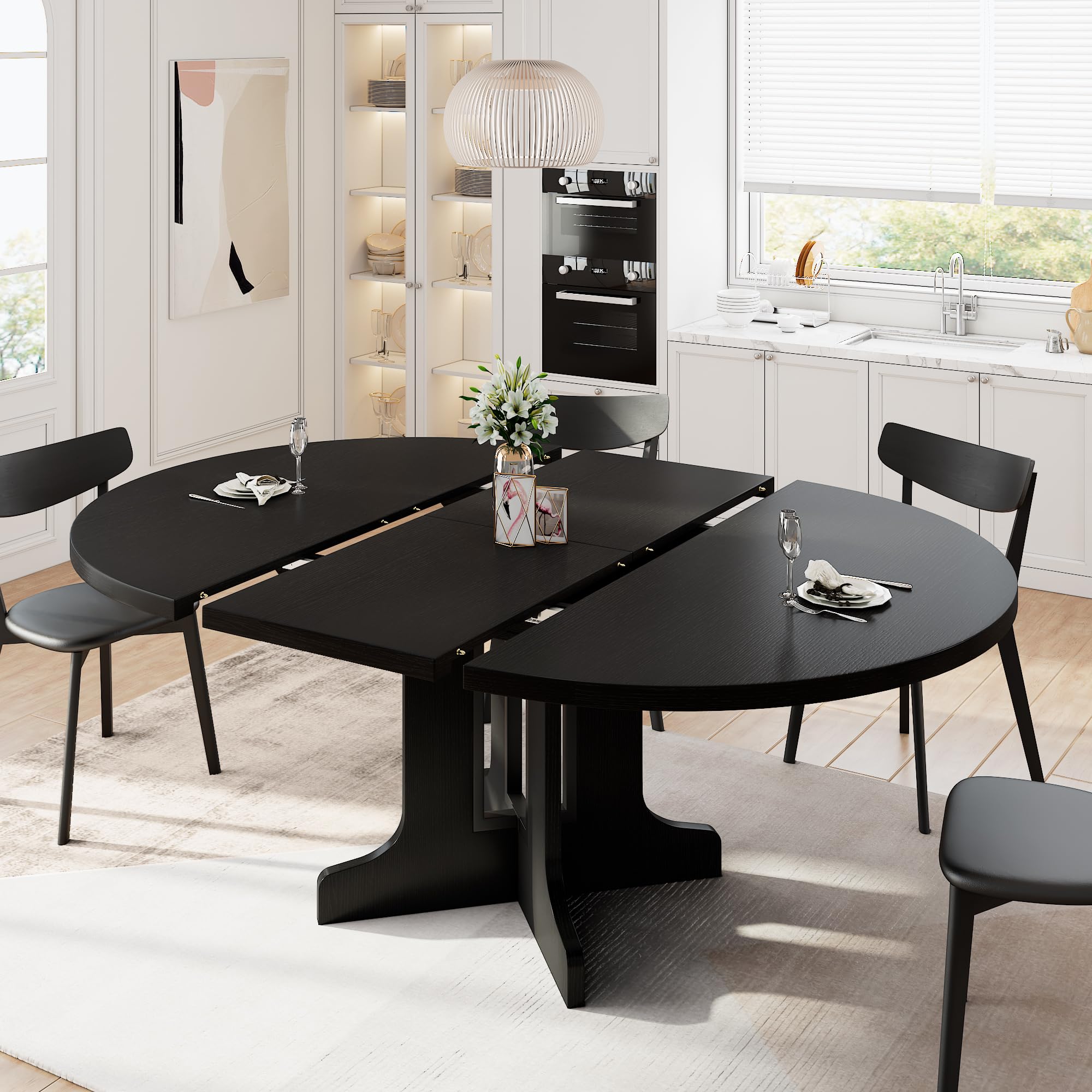 Photo 1 of *Minor damage* iPormis 59" Extendable Round Dining Table for 4-6, Modern Kitchen Table with Heavy Duty Pedestal Base & Wooden Top, Oval Dinner Table, Dining Room for Dining Living Room, Easy Assembly, Black