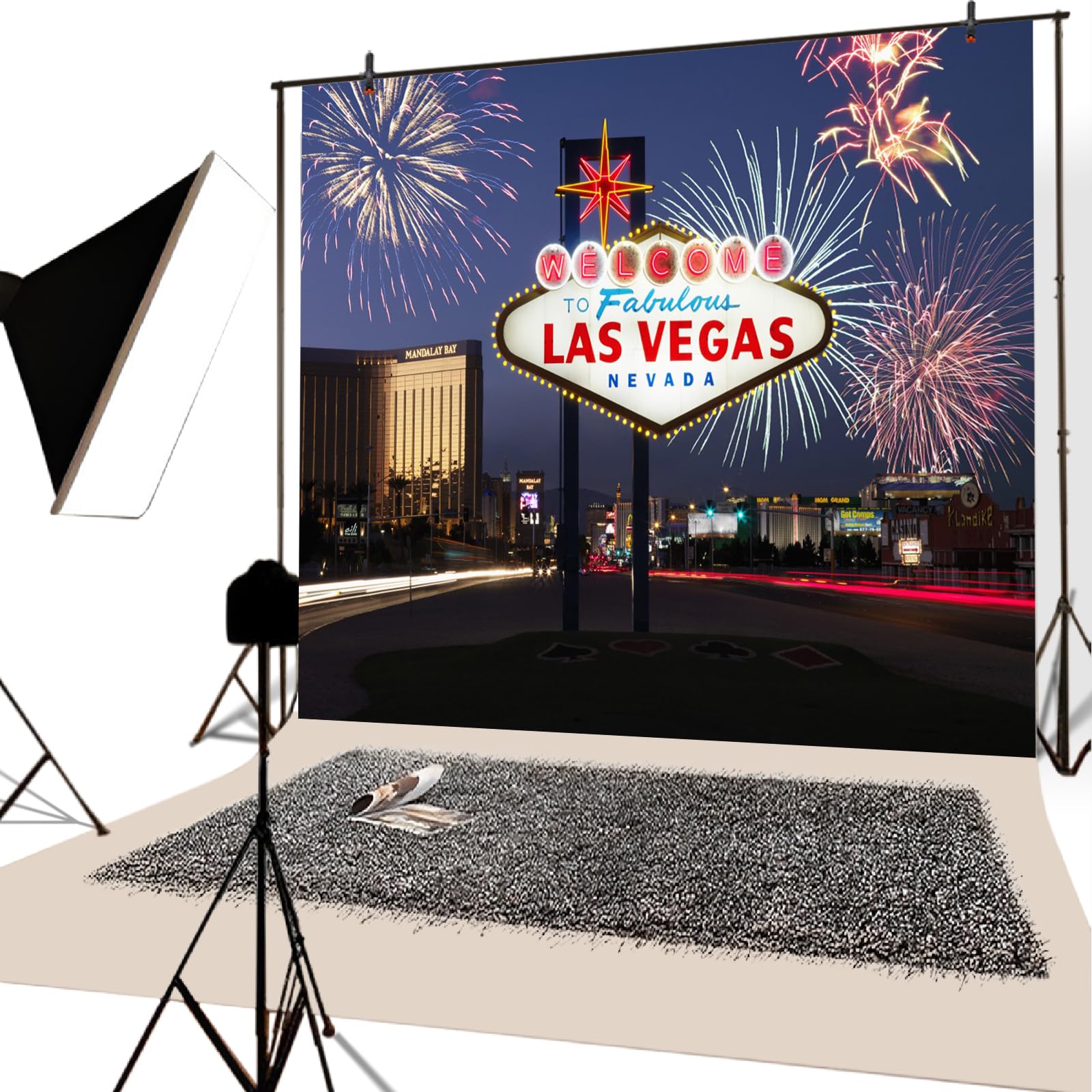 YongFoto 8x8ft Photography Backdrop Welcome to Las Vegas Fireworks Night Scene Backdrops for Photography Photo Shoots Party Adults Kids Wedding Personal Portrait Vinyl Photo Background Studio Props