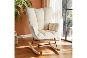 DUMOS Rocking Chair Nursery with High Backrest, Teddy Upholstered Indoor Reading Glider Chair with Comfy Seat for Nursery, Bedroom, Living Room, Office, Beige