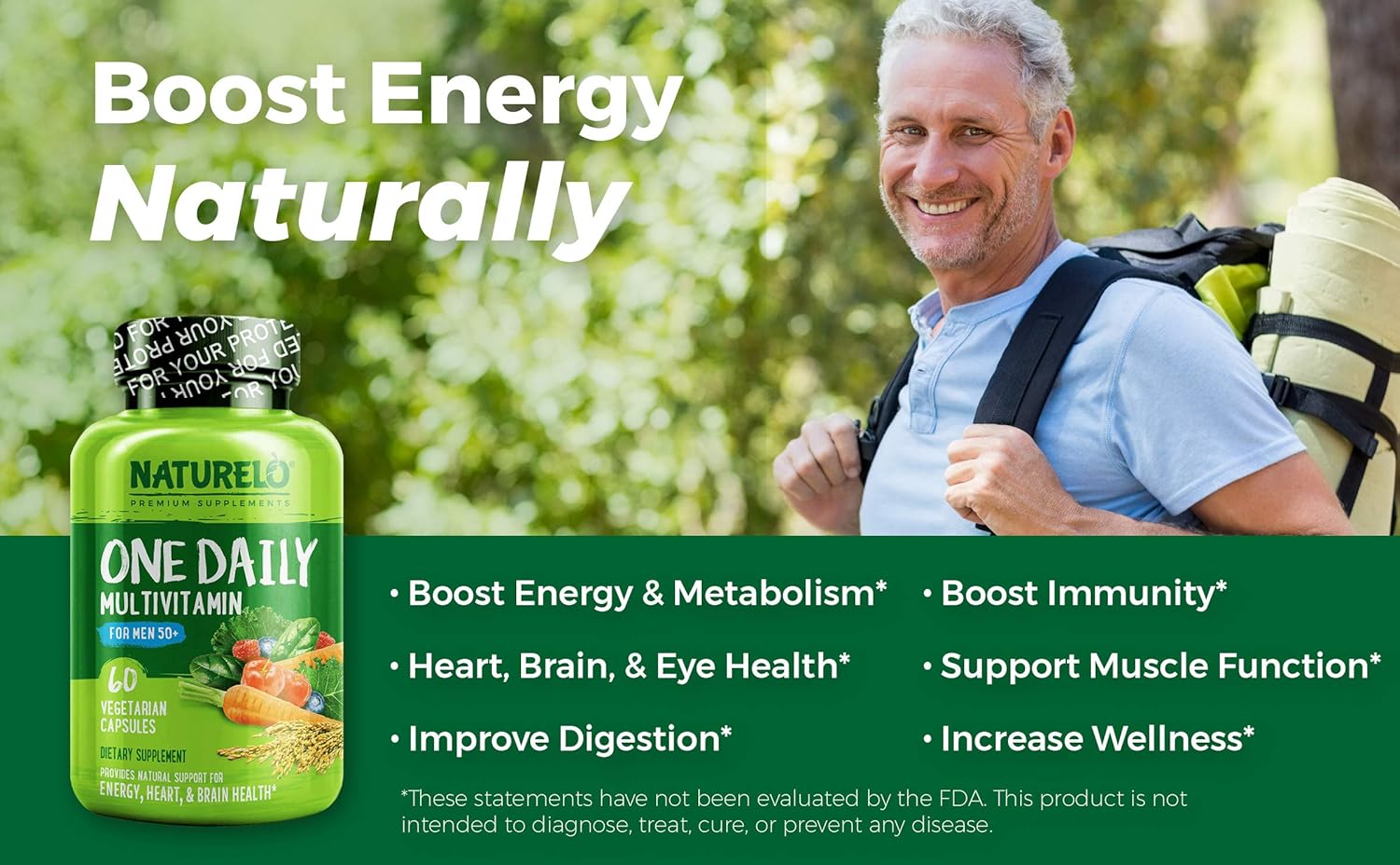 NATURELO One Daily Multivitamin for Men 50+ - with Whole Food Vitamins - Organic Extracts - Natural Supplement - Best for Energy, General Health - Non-GMO - 60 Capsules | 2 Month Supply: Health & Personal Care