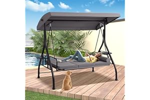 Dephet 3-Seat Outdoor Porch Swing with Adjustable Canopy, Convertible Swings Bed with Stand, Patio Glider with Cushion, Pillow & Cup Holder, Hammock Chair for Porch, Backyard, Poolside, Balcony (Grey)