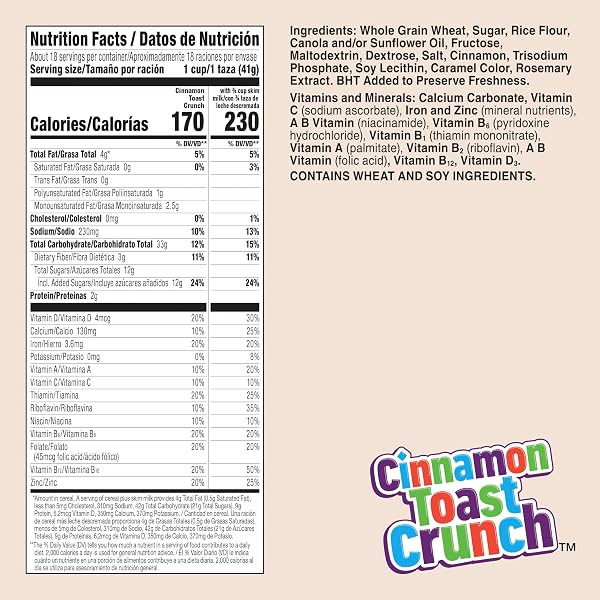 CINNAMON TOAST CRUNCH BREAKFAST CEREAL, CRISPY CINNAMON CEREAL, MEGA SIZE, 27 OZ