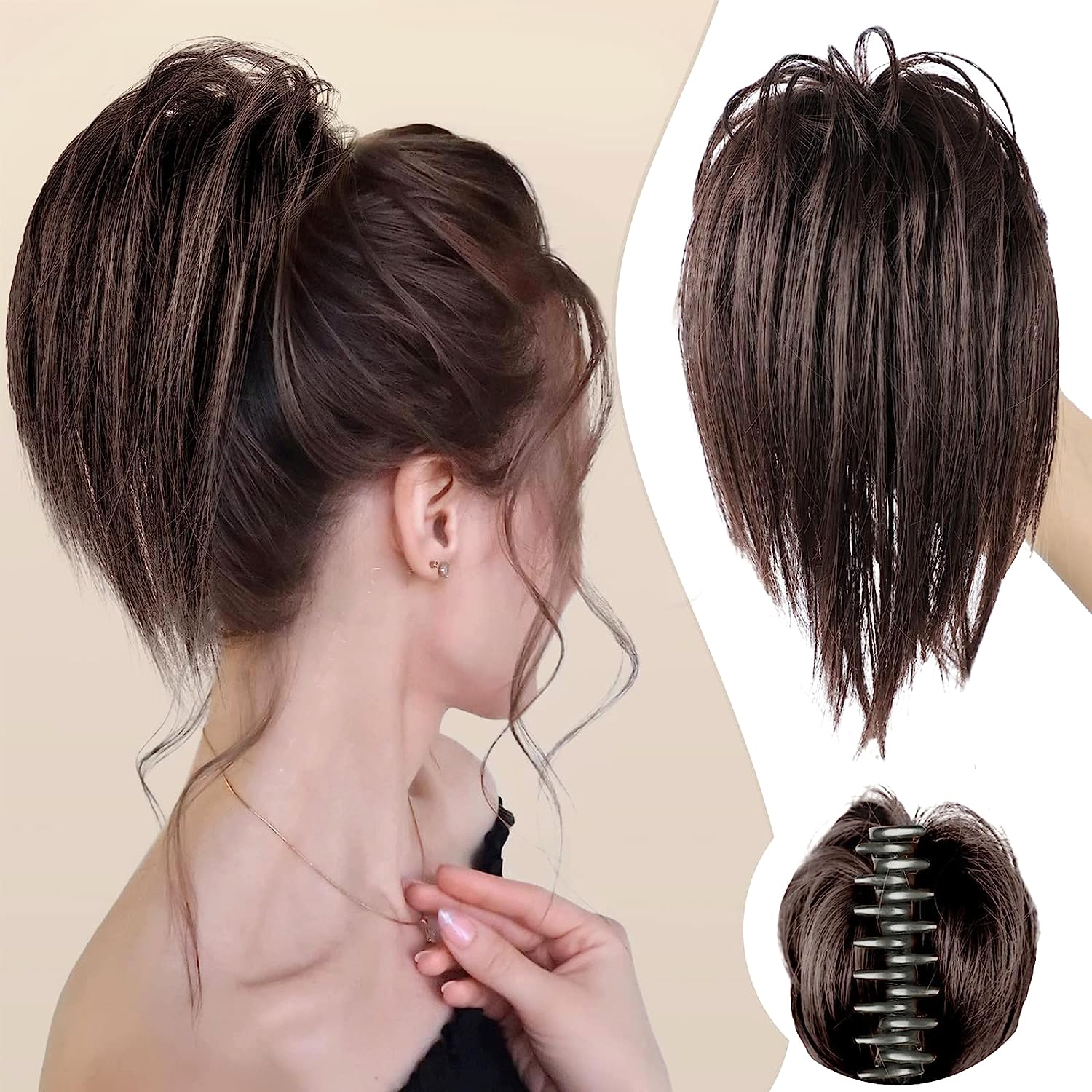 colorfulpanda Claw Clip in Ponytail Hair Extensions 10 Inch, Messy Bun Clip in Hair Scrunchies Natural Straight Synthetic Hairpiece Short Ponytail Bun Hair Brown for Women Girls