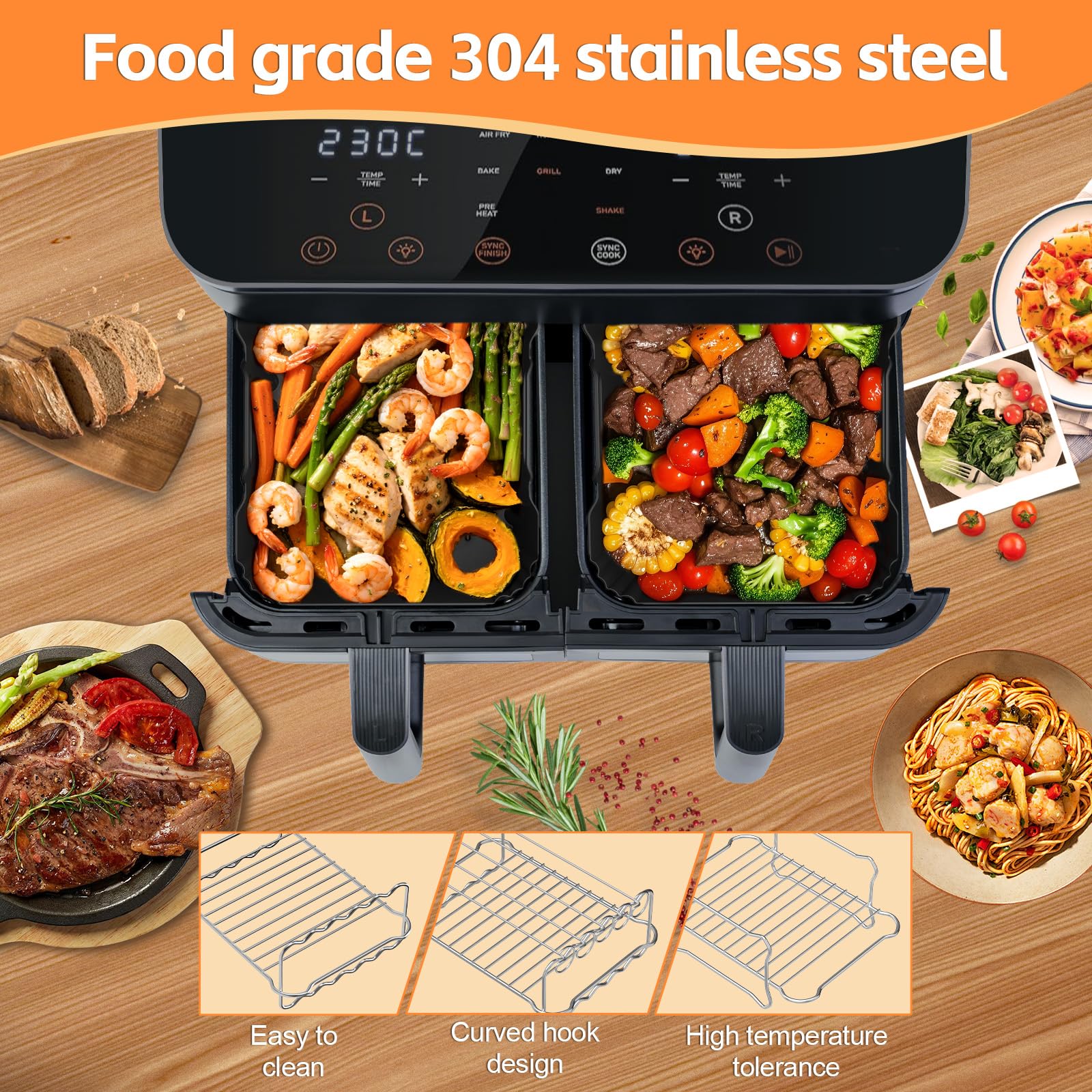 Airfryer Zubehör für COSORI Heißluftfritteuse Zubehör Dual Zone 8.5 L,Wiederverwendbares Airfryer Zubehör Einschließlich Silikonformen, Grillrost, Brotbackformen für COSORI CAF-R901-AE Airfryer 5