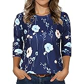 3/4 Sleeve Tops for Women Basic Crew Neck Spring Blouses Casual Fit Fall T Shirts