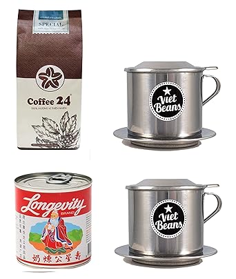 VietBeans Vietnamesisches Kaffee Starterset „Frühstück zu zweit“ - 250g hochwertige Kaffeebohnen + 2 x Edelstahlfilter (Phin)