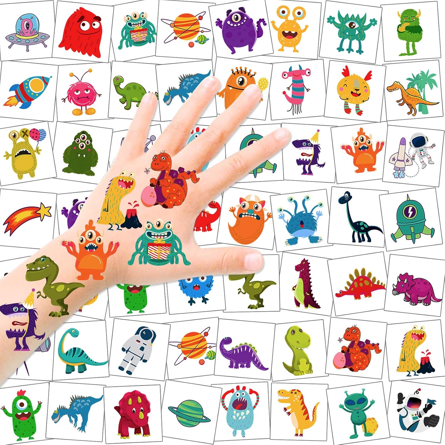 HOWAF 96pcs Temporary Tattoos for Kids Fake & Waterproof Childrens Temporary Tattoo Space Monster Dinosaur Tattoo Stickers for Boys Party Favors Birthday Party Supplies Kids Party Bag Filler