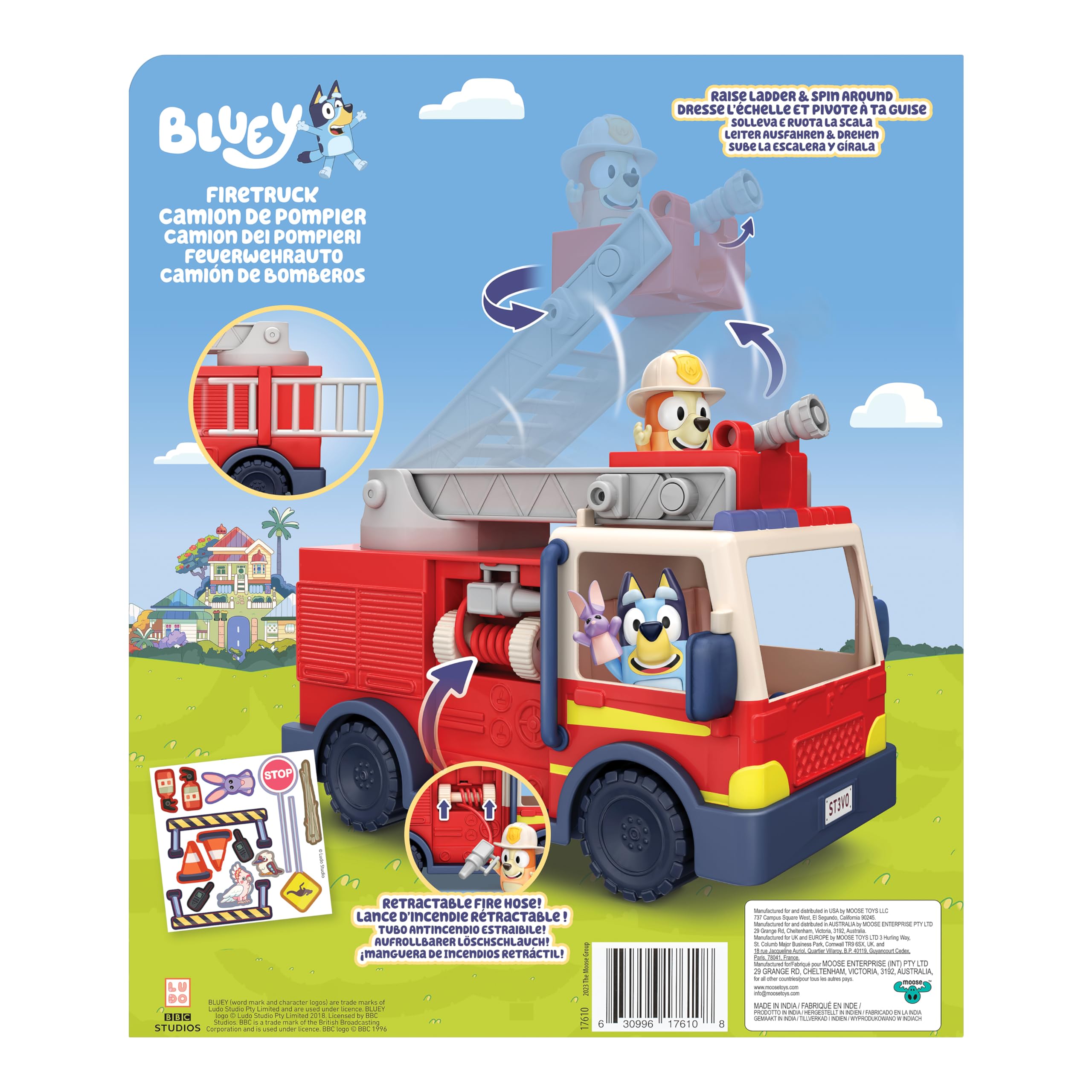 Bluey Firetruck Toy Playset with Firefighter Bingo, Bluey & Bob Bilby, Toddler Fire Truck w/ Spinning Ladder, Water Hoses for Kids Ages 3+