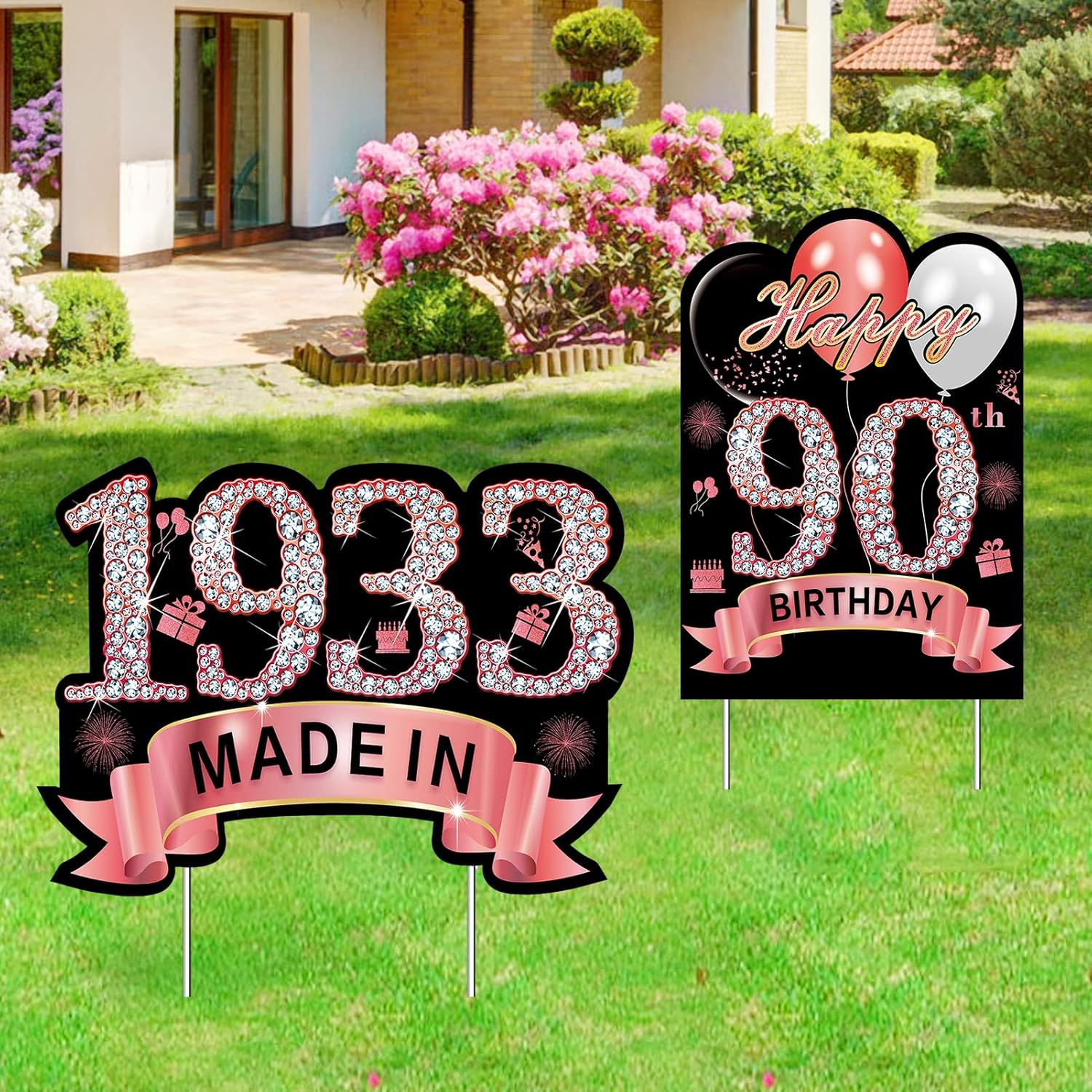 Yard Signs - 2Pcs Rose Gold 90th Birthday Yard Sign Decorations for Women, Happy 90th Birthday Made in 1933 Lawn Sign Party Supplies, Ninety Year Old Birthday Yard Decor with Stakes