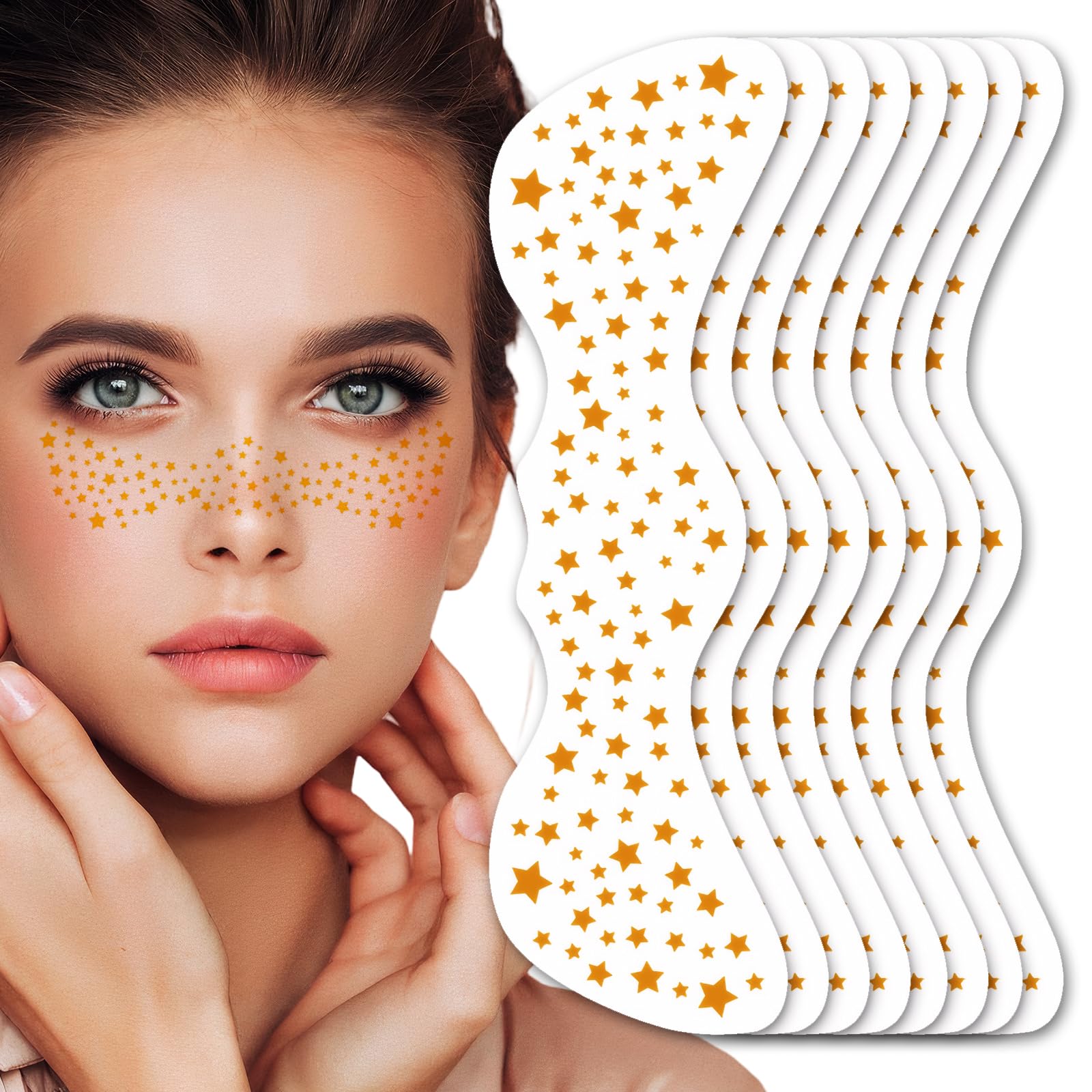 UICCVOKK 8 PCS Glitter Freckles,Face Tattoo,Sparkle Freckle,Temporary Tattoo,Gold Stardust Speckles,Sparkle Freckle Patches,Face Glitter Makeup Stickers Sets for Halloween,Music,Masquerade (Star)