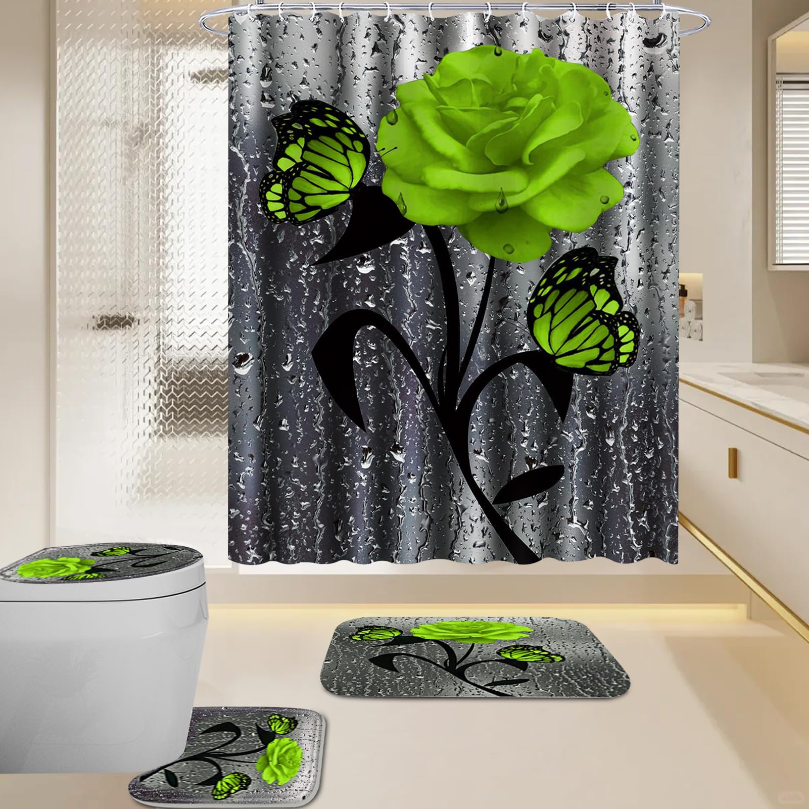 BXFUL 4 Piece Waterproof Shower Curtain Set for Bathroom-Rose-Non-Slip Bath Mat and 12 Hooks,Curtain Set with Rug,Toilet Lid Cover Bathroom Decoration (Green)