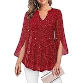 VALOLIA Women's 3/4 Sleeve Floral Tunic Tops V Neck Double Layers Loose Fit Mesh Blouses Shirt