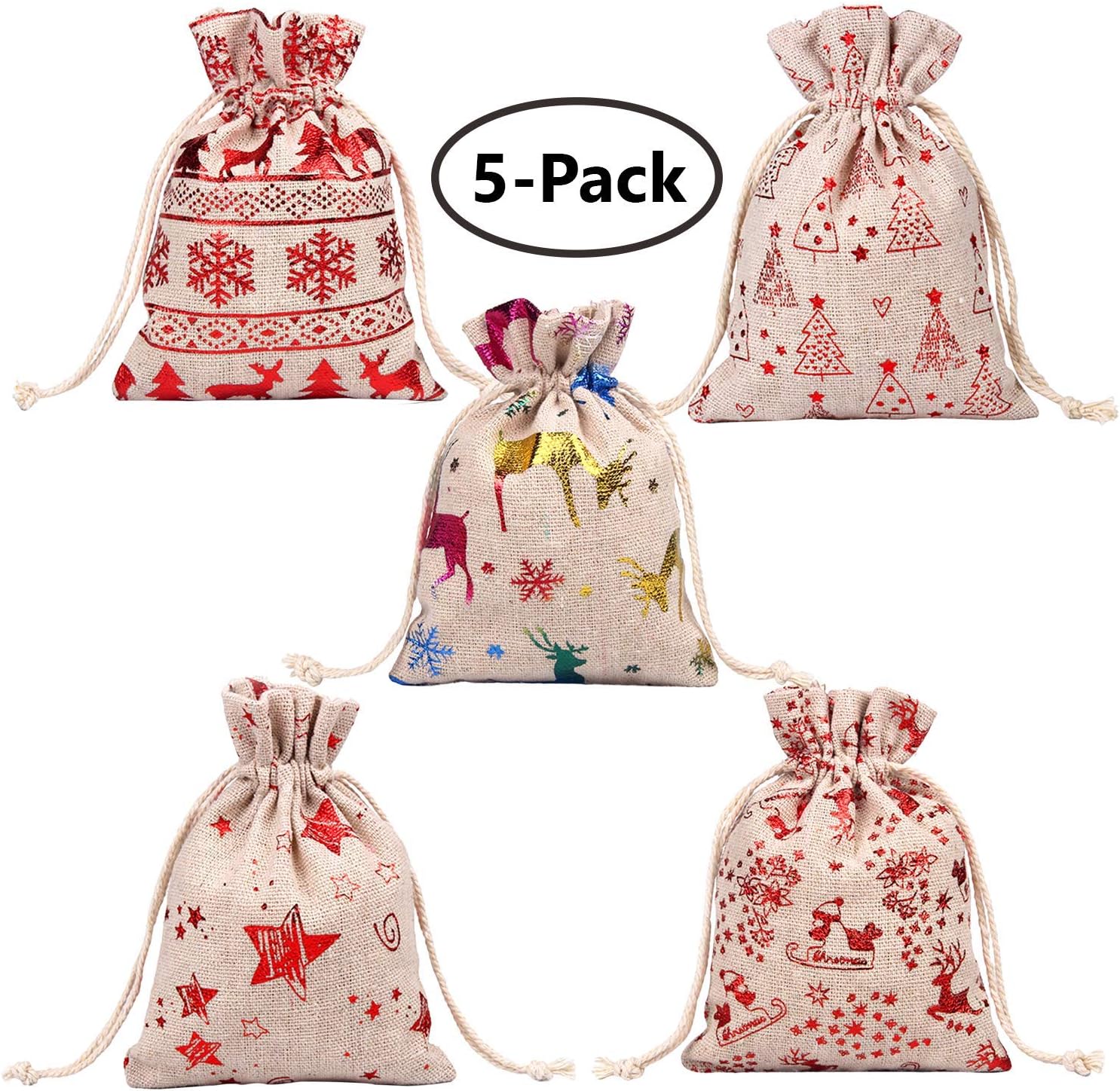 ForrestShop Christmas Bags, Burlap/Canvas Gift Bags, Santa Sacks, Drawstring Gift Bags for Kids | Multiple Sizes & Patterns | Goodie, Favors, Treats, Presents