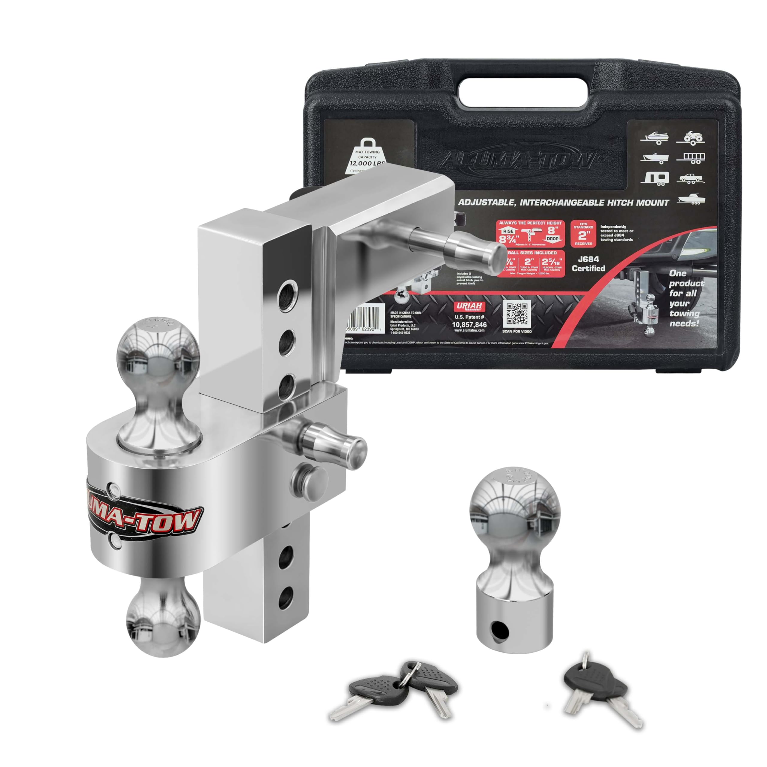 Photo 1 of **SCRAPE**Aluma-Tow UT623911 Adjustable Trailer Hitch for 2-1/2" Receiver, 8" Drop, 12000 lb. GTW, Heavy Duty 1-7/8", 2" & 2-5/16" Hitch Balls, 2 Locking Pins 4 Keys, J684 Towing Spec's, U.S.Patent 10,857,846