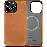 Belemay Compatible with iPhone 12 Pro Max Leather Case Magsafe-Top Grain Vintage Crazy Horse Leather-Metal Buttons Camera Bezel-Slim Fit-Precision Crafted Premium Phone Cover (6.7-inch)-Tan Brown