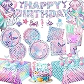 NKPDAXM Mermaid Birthday Decorations Include Plates, Napkins, Cups, Cutlery, Hanging Swirls, Banner, Cake & Cupcake Toppers, Balloons, Tablecloth for Mermaid Party Decorations, Serve 20