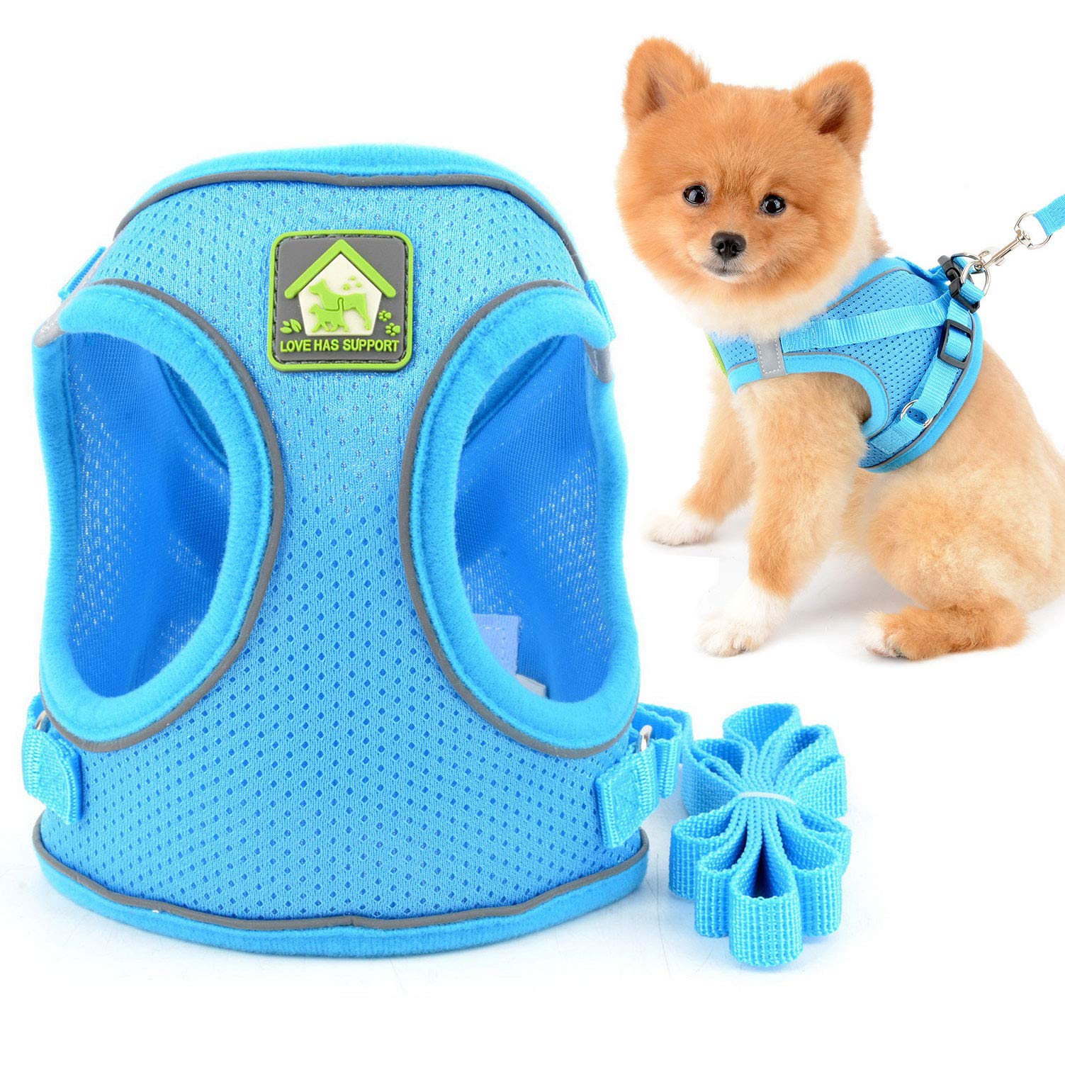 SMALLLEE_LUCKY_STORE Soft Mesh Step-in Small Dog/Cat Harness and Lead Set for Walking Reflective Puppy Vest Harness Outdoor Training,Blue,Size S