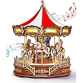 Rolife Wooden 3D Puzzles for Adults, DIY Carousel Music Box with Chaser Lights 11.6" Model Building Kit, Construction Project