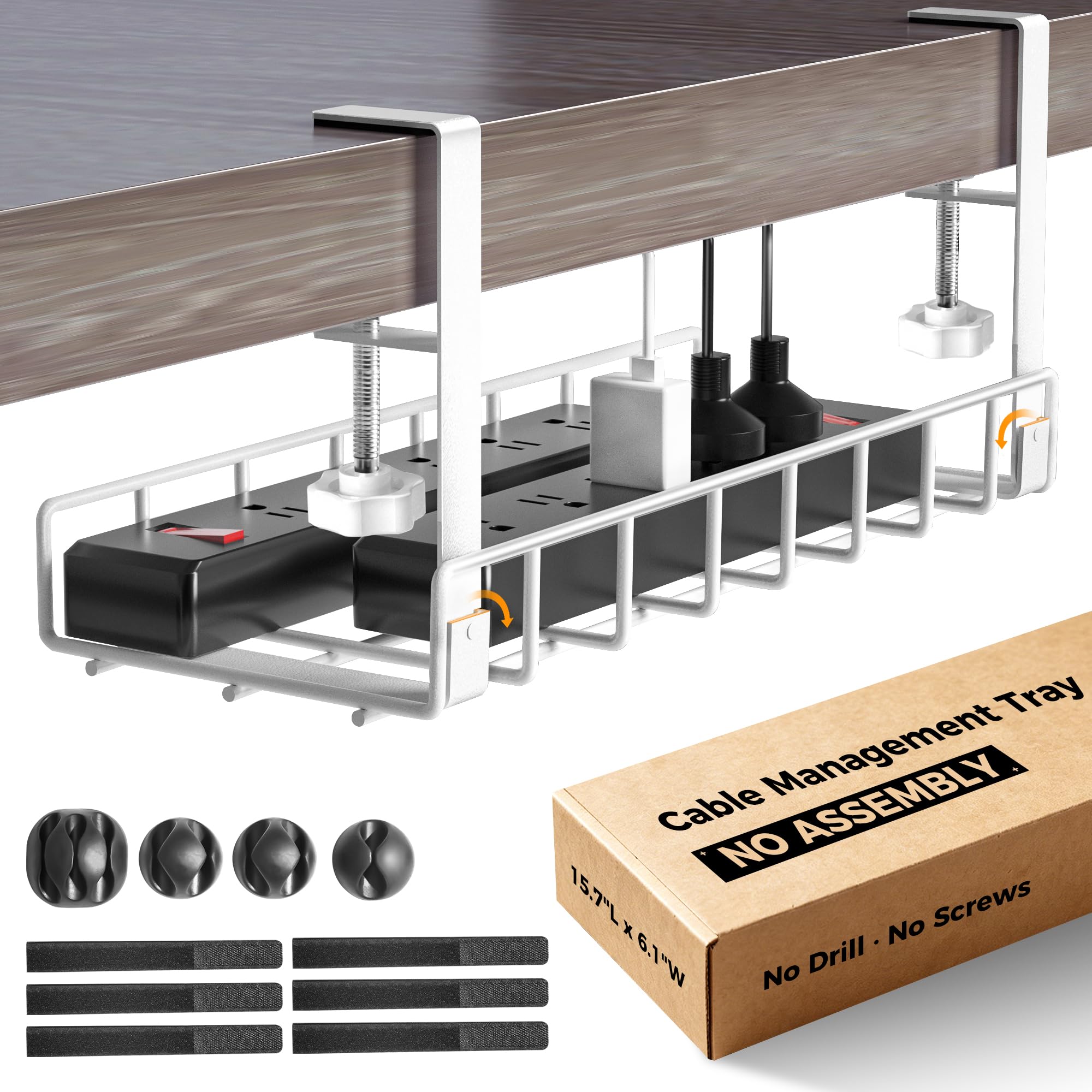 Under Desk Cable Management Tray, Xpatee Upgraded Wire Management No Drill No Screws, Cable Tray with Clamp for Wire Organizers, Computer Cord Rack for Office, Home - No Damage to Desk White