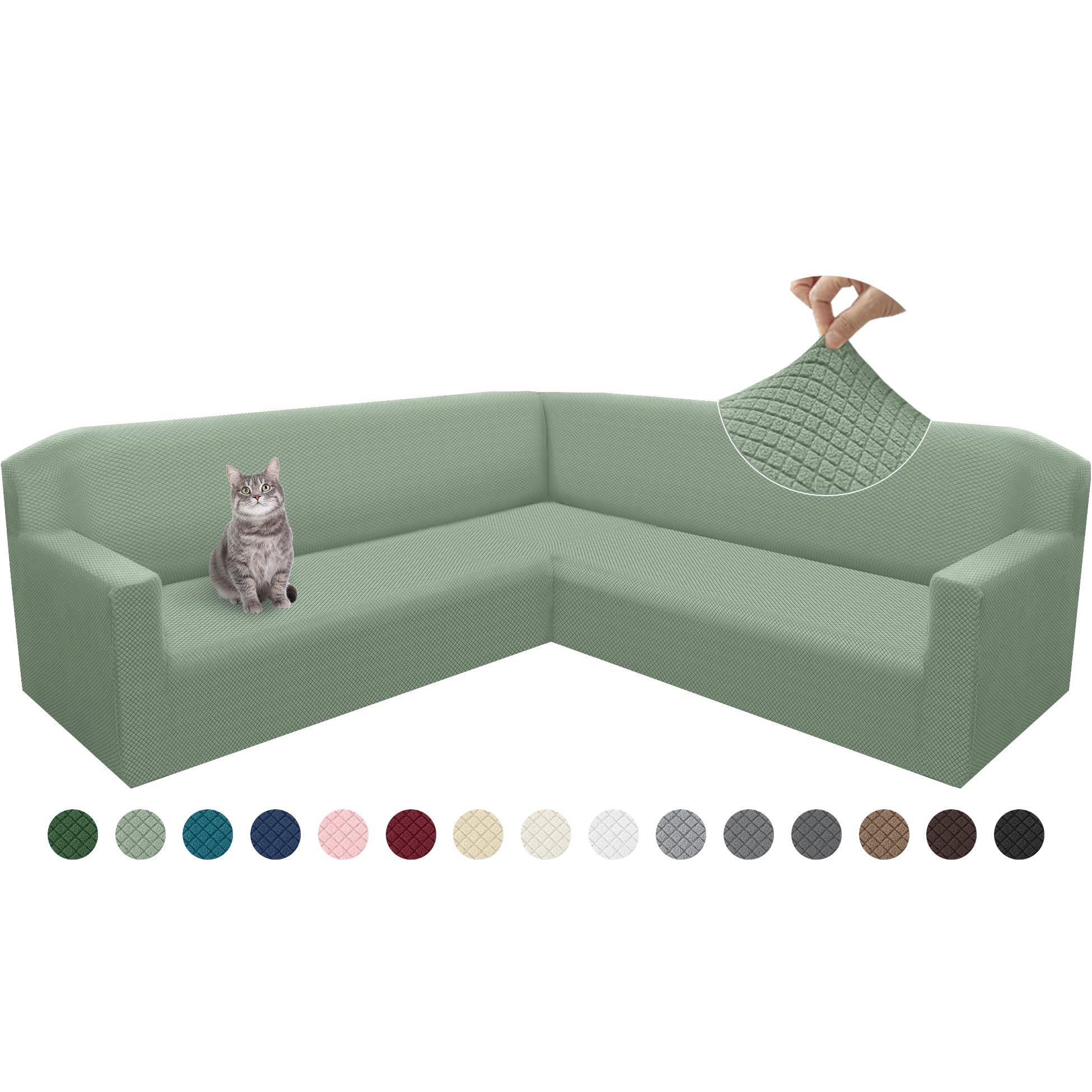 Photo 1 of Arfntevss L Shaped Couch Covers for Sectional Sofa Stretch Jacquard Fleece Corner Sofa Cover Non Slip Pet Dog U Shape Sectional Slipcovers Set Thickened Soft Furniture Protector (Sage Green, Large)