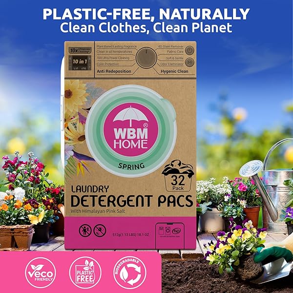 WBM HOME LAUNDRY DETERGENT PODS, SPRING FRAGRANCE SCENT, 32 COUNT – HE CONCENTRATED LAUNDRY PODS WITH 10X ULTRA POWER CLEANING AND 4D LAUNDRY STAIN REMOVER