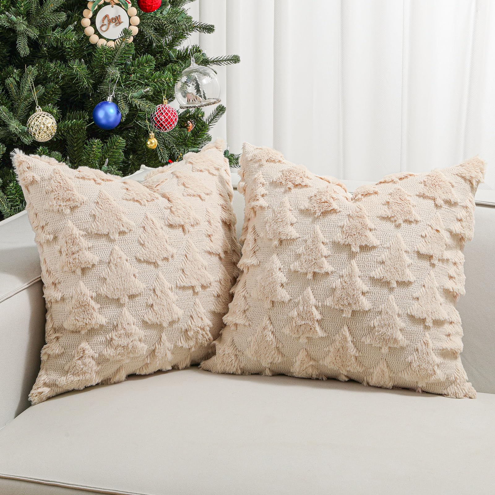 Lewondr Christmas Throw Pillow Cover 18x18, 2 Pack Super Soft Faux Fur Pillow Covers Velvet Christmas Tree Embroidery Decorative Throw Pillowcase for Living Room Bed Couch Sofa Car Home Decor, Oatmeal