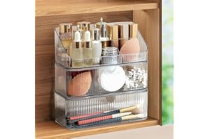 MEAJIO Medicine Cabinet Organizer 3 Tier, Stackable Bathroom Mirror Cabinet Storage，Small Makeup Organizers with 2 Drawer and 1 Tray for Wall Cabinet， Closet， Vanity, Countertop, Clear