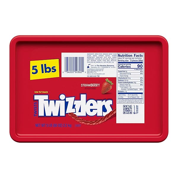 TWIZZLERS TWISTS STRAWBERRY FLAVORED LICORICE STYLE, LOW FAT CANDY TUB, 5 LB