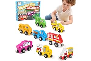 Vanmor 8 Pcs Magnetic Wooden Train Set with Removable Parts, City Vehicles for Toddlers 3-5, Montessori Fine Motor Skills Toy for Imaginative Play, Educational Gift for Kids