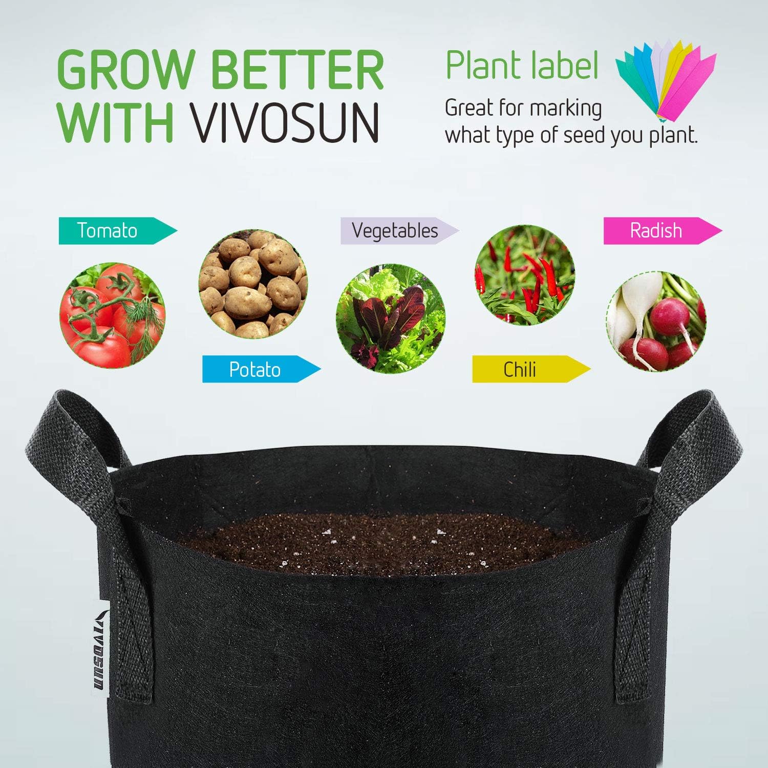 VIVOSUN 5-Pack 5 Gallon Grow Bags Heavy Duty 300G Thickened Nonwoven Plant Fabric Pots with Handles : Garden & Outdoor