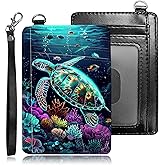 BREIDMKFM Credit Card Holder Slim Wallet,RFID Wallet Women Front Pocket Small Card Holder Travel Cute Thin Minimalist Card Case Leather Flat Wallet with ID Window&Wrist Strap,Green Sea Turtle