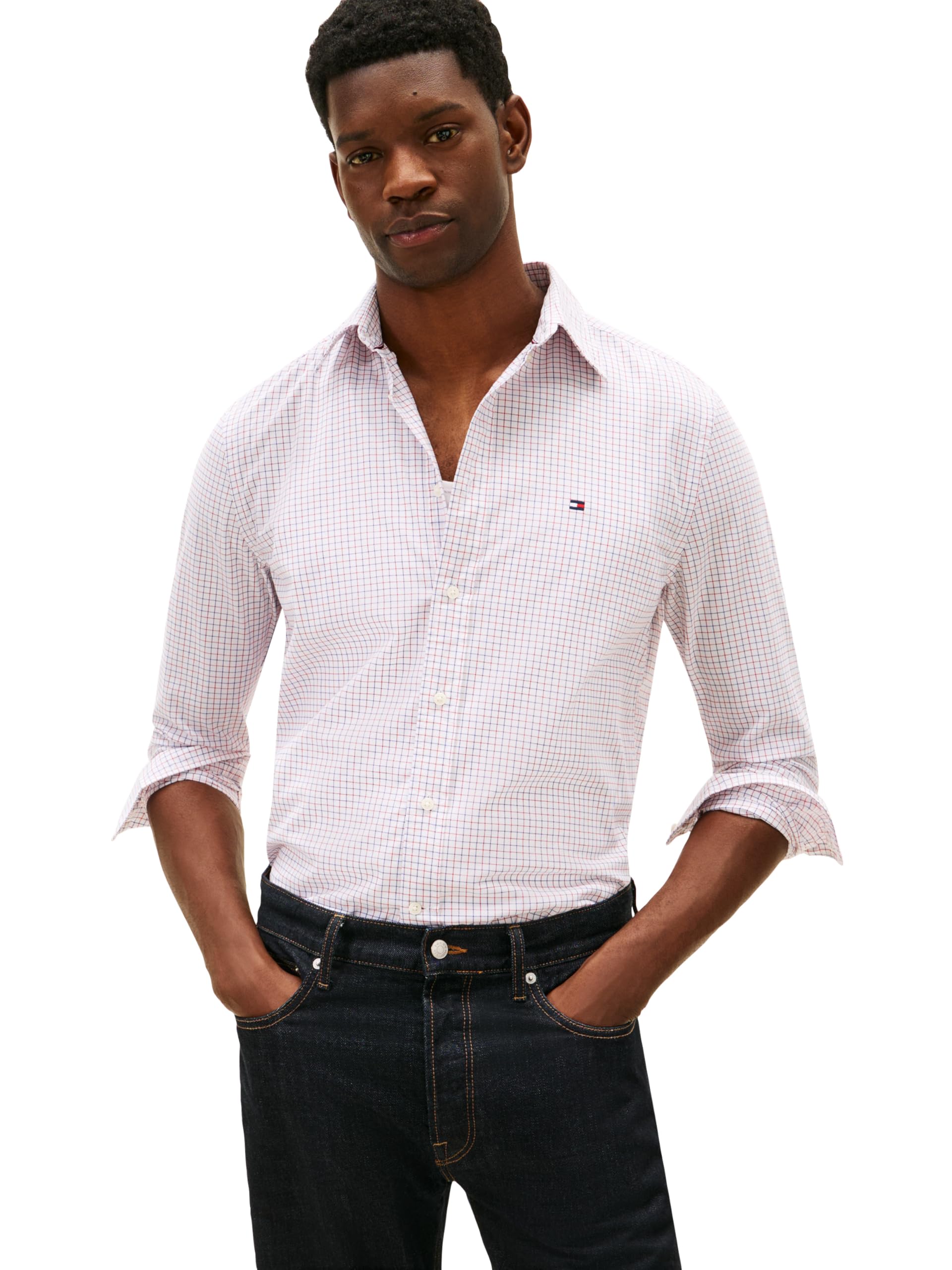 Tommy Hilfiger Mens Long Sleeve Poplin Shirts in Regular Fit, Men’s Button Down Shirts, Also Available in Big and Tall Medium RED/White Check Medium