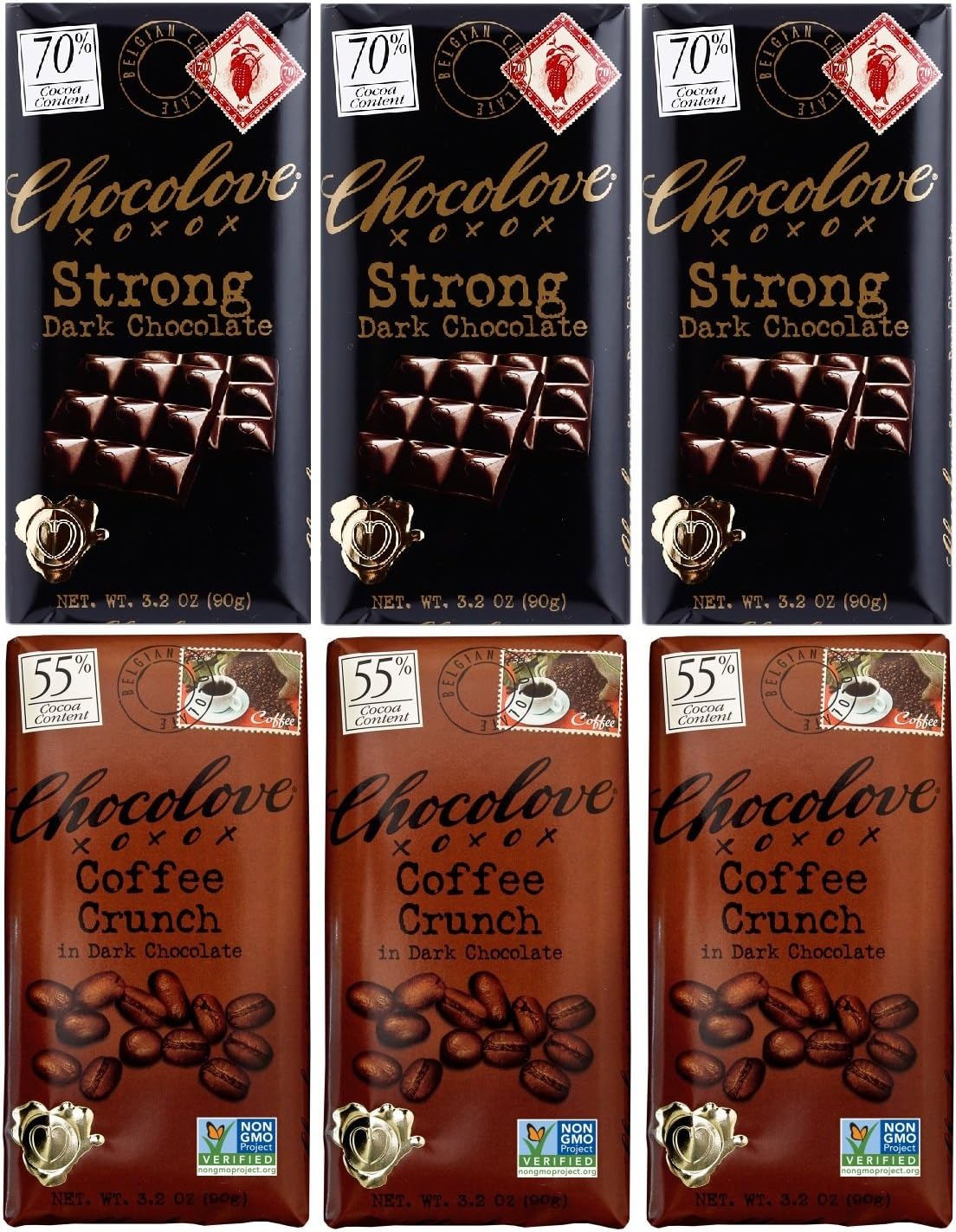 Chocolove Strong Dark chocolate, Coffee Crunch in Dark chocolate 3.2 oz (3 bars of each flavor)